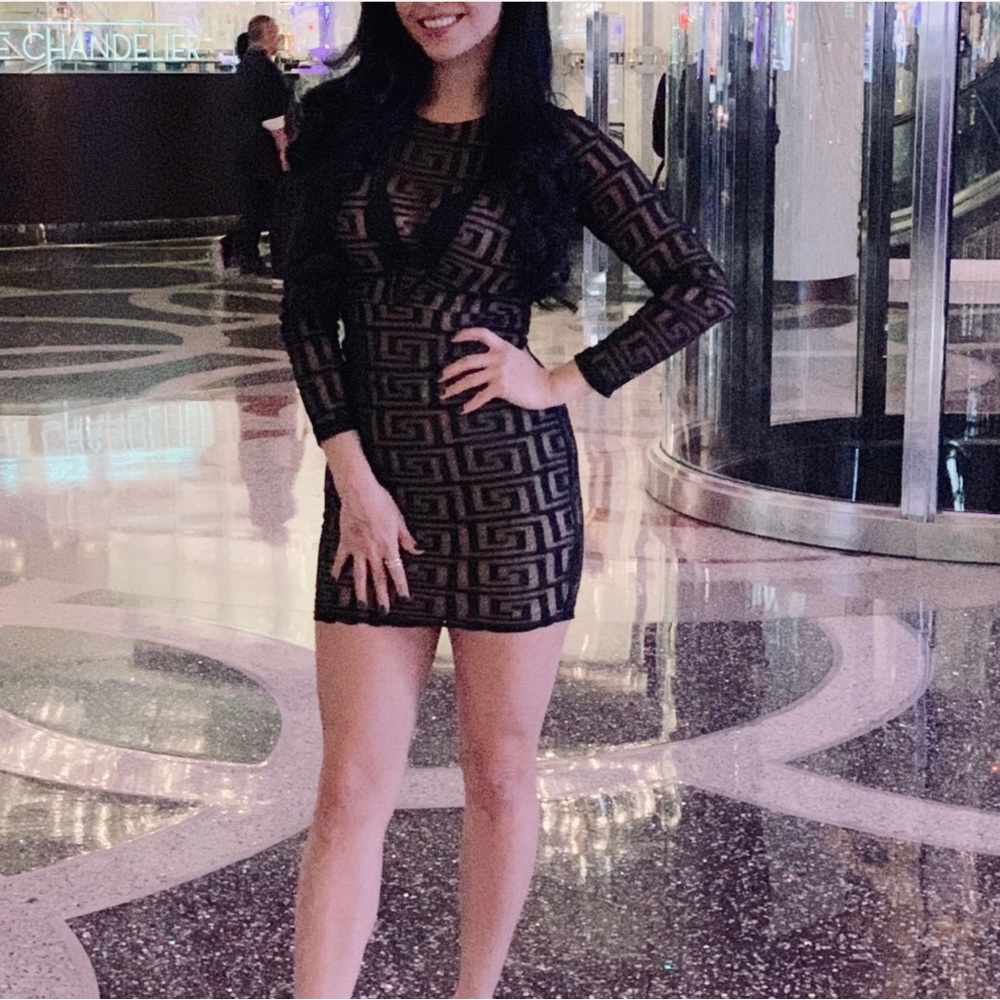 Mesh Geometric Long Sleeve Mini Dress
